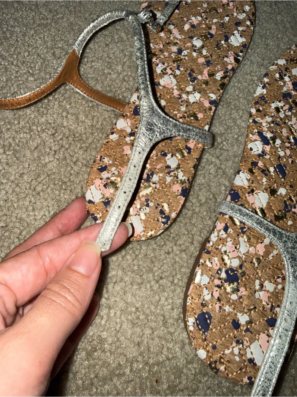 Tory Burch Rose Gold Metallic T-Strap Sandals with Multicolor Cork Insole